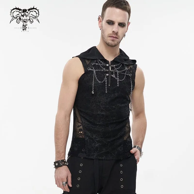 Men's Gothic Skull Mesh Splice Chain Tank Top with Hood