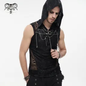 Men's Gothic Skull Mesh Splice Chain Tank Top with Hood