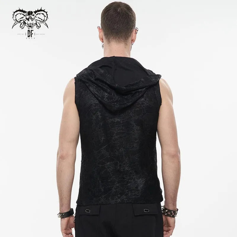 Men's Gothic Skull Mesh Splice Chain Tank Top with Hood