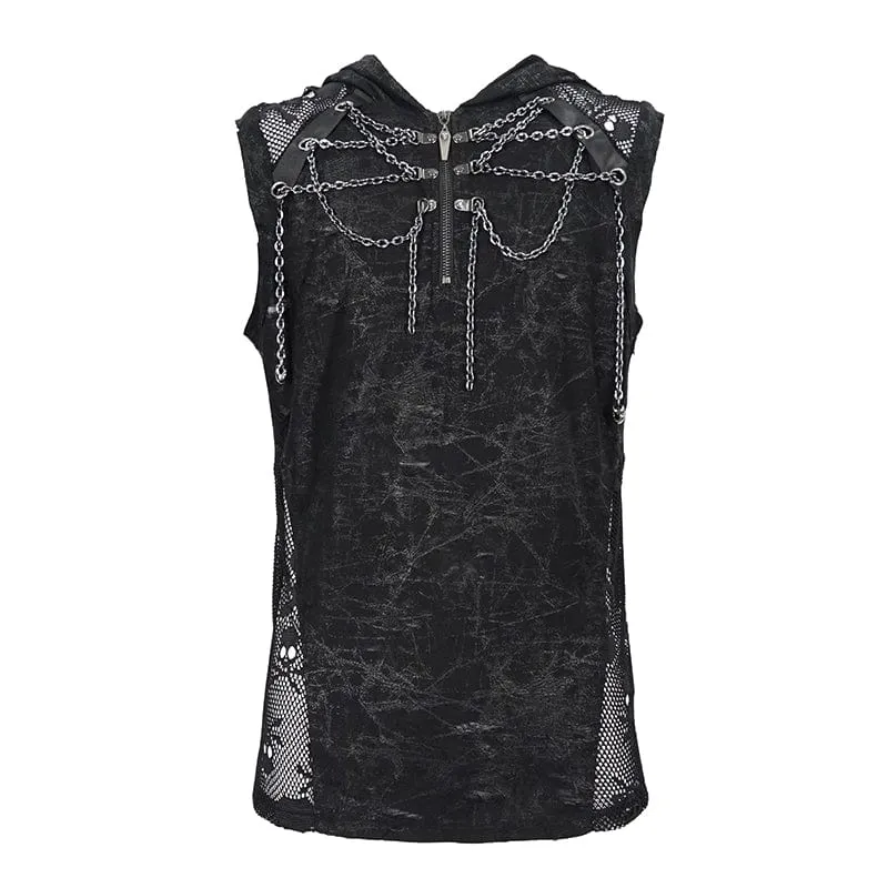 Men's Gothic Skull Mesh Splice Chain Tank Top with Hood