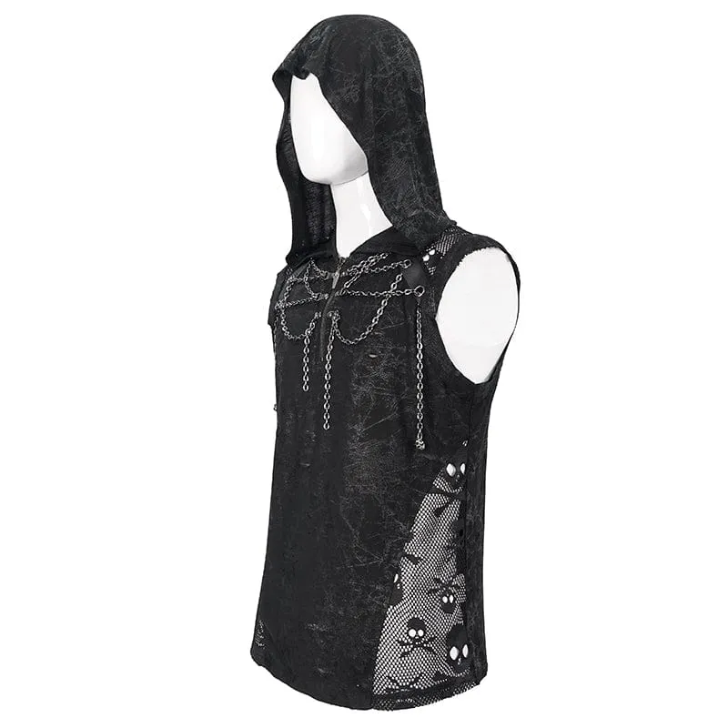 Men's Gothic Skull Mesh Splice Chain Tank Top with Hood