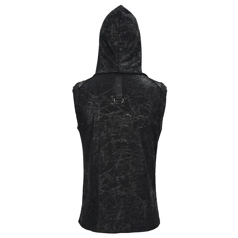 Men's Gothic Skull Mesh Splice Chain Tank Top with Hood