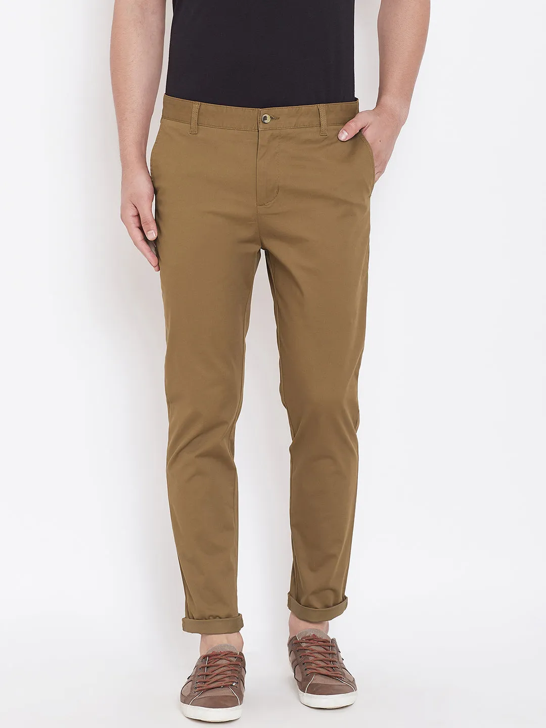 Men's Tan Stretch Washed Casual Tailored Fit Chinos