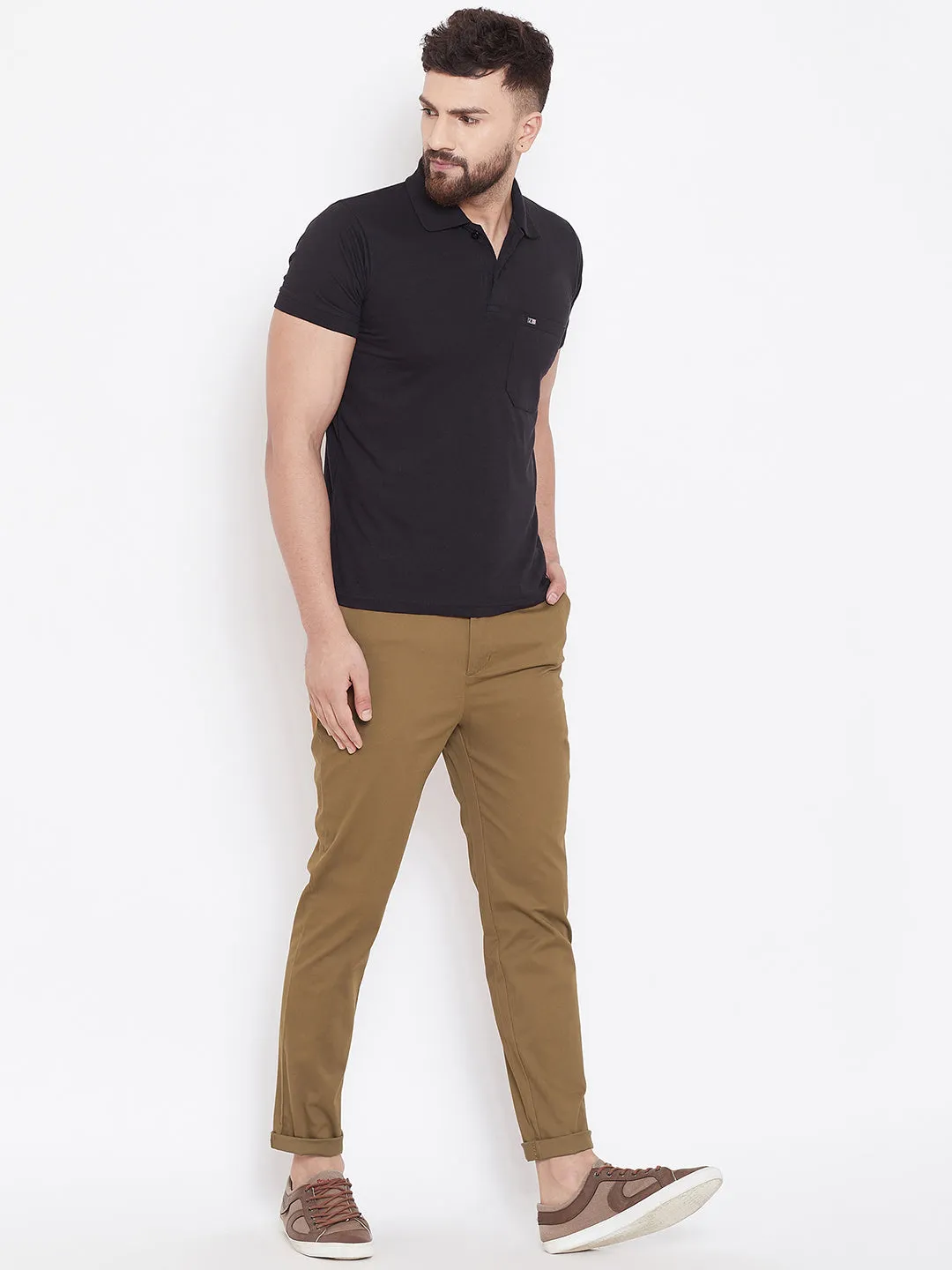 Men's Tan Stretch Washed Casual Tailored Fit Chinos