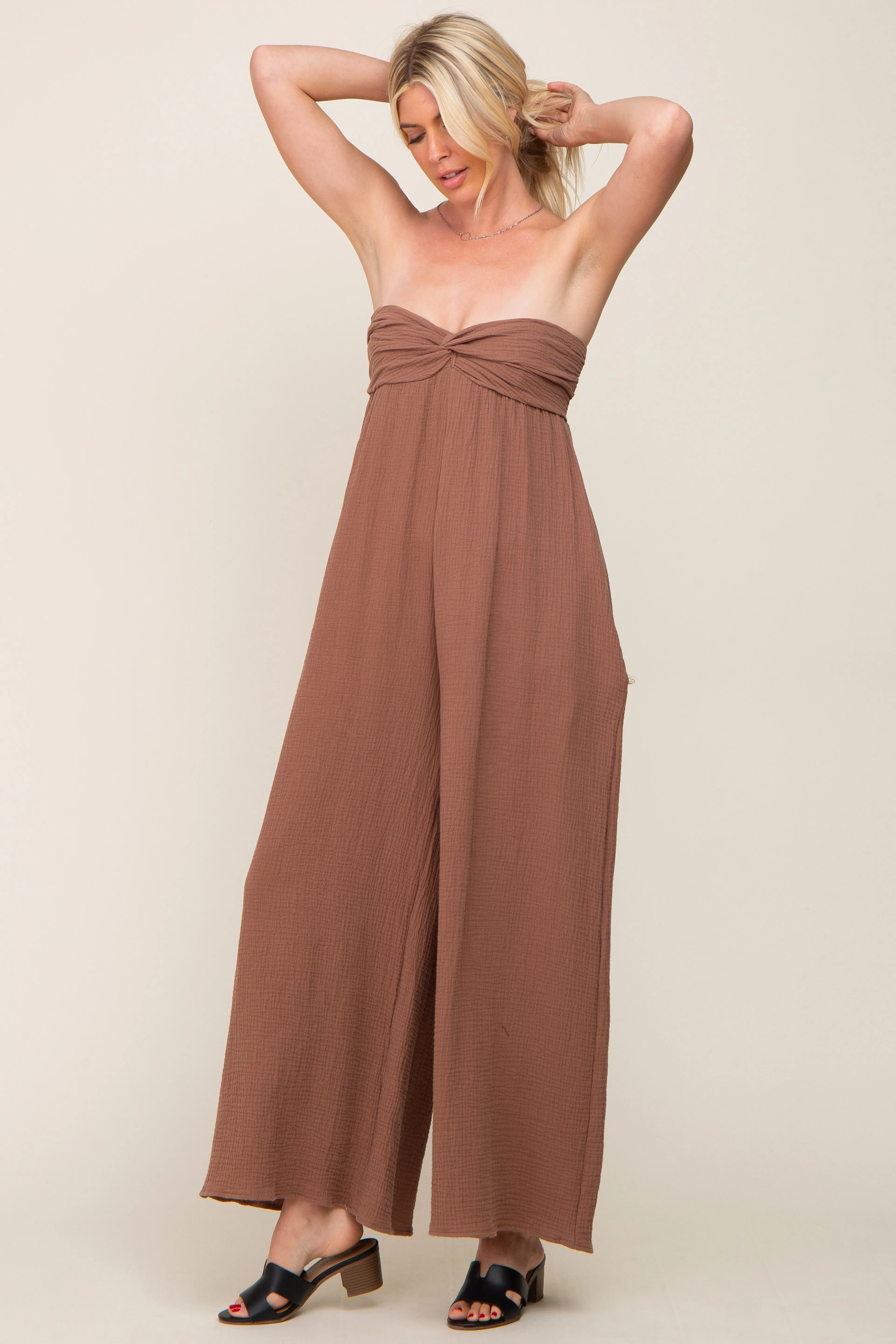 Mocha Strapless Front Twist Jumpsuit