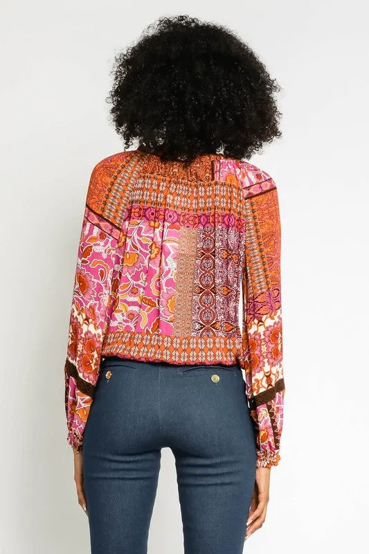 Patchwork Drawstring Blouse