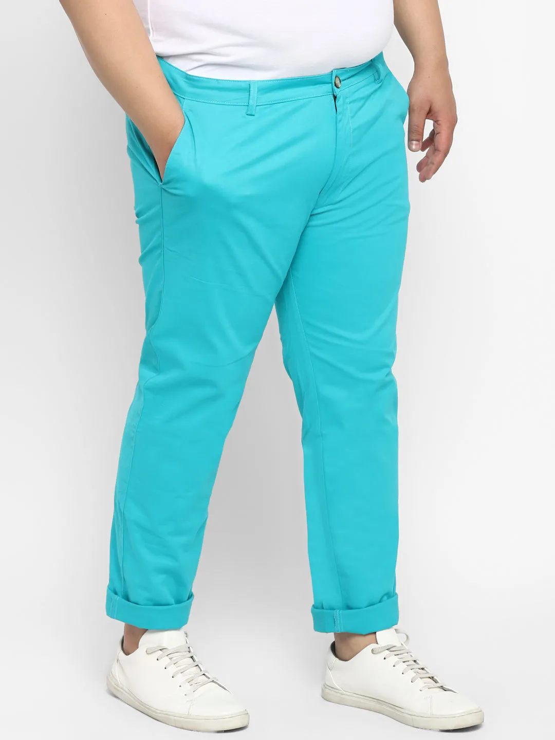 Plus Men's Turquoise Blue Cotton Regular Fit Casual Chinos Trousers Stretch