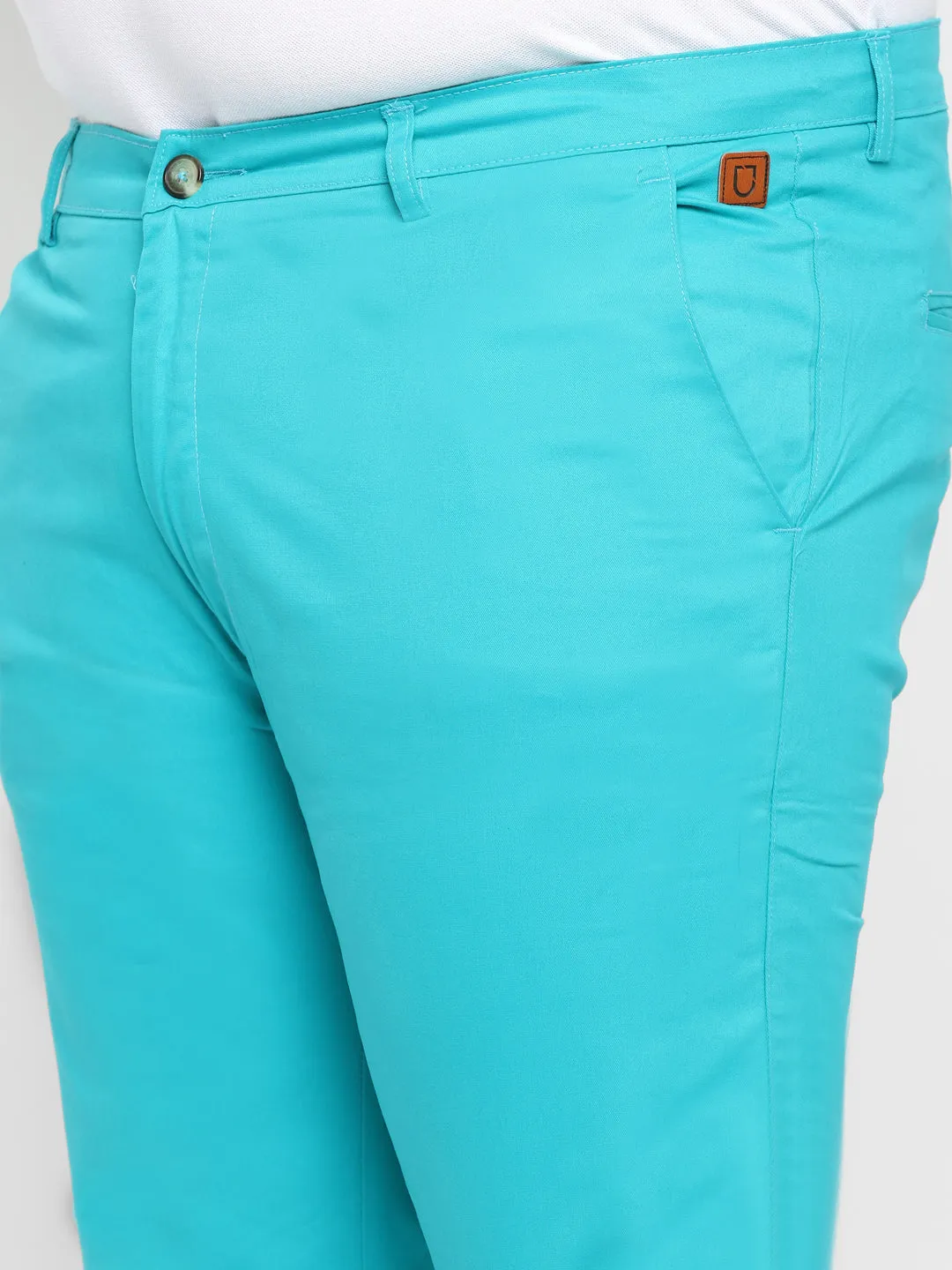 Plus Men's Turquoise Blue Cotton Regular Fit Casual Chinos Trousers Stretch