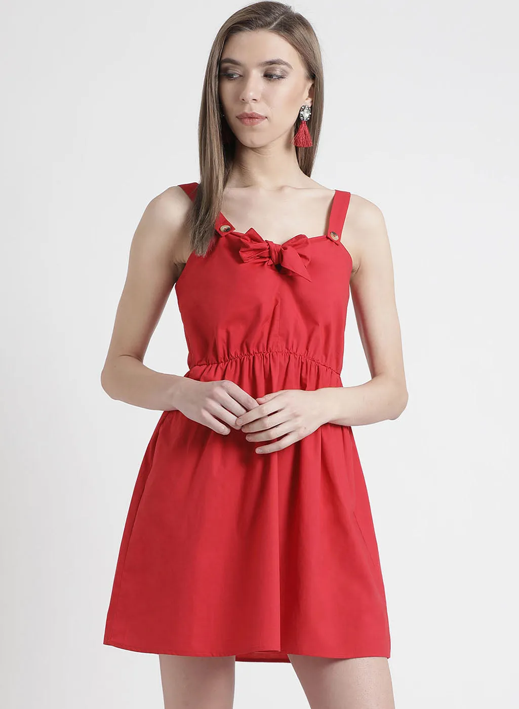 Red Colored Mini Dress With Bow Detailing