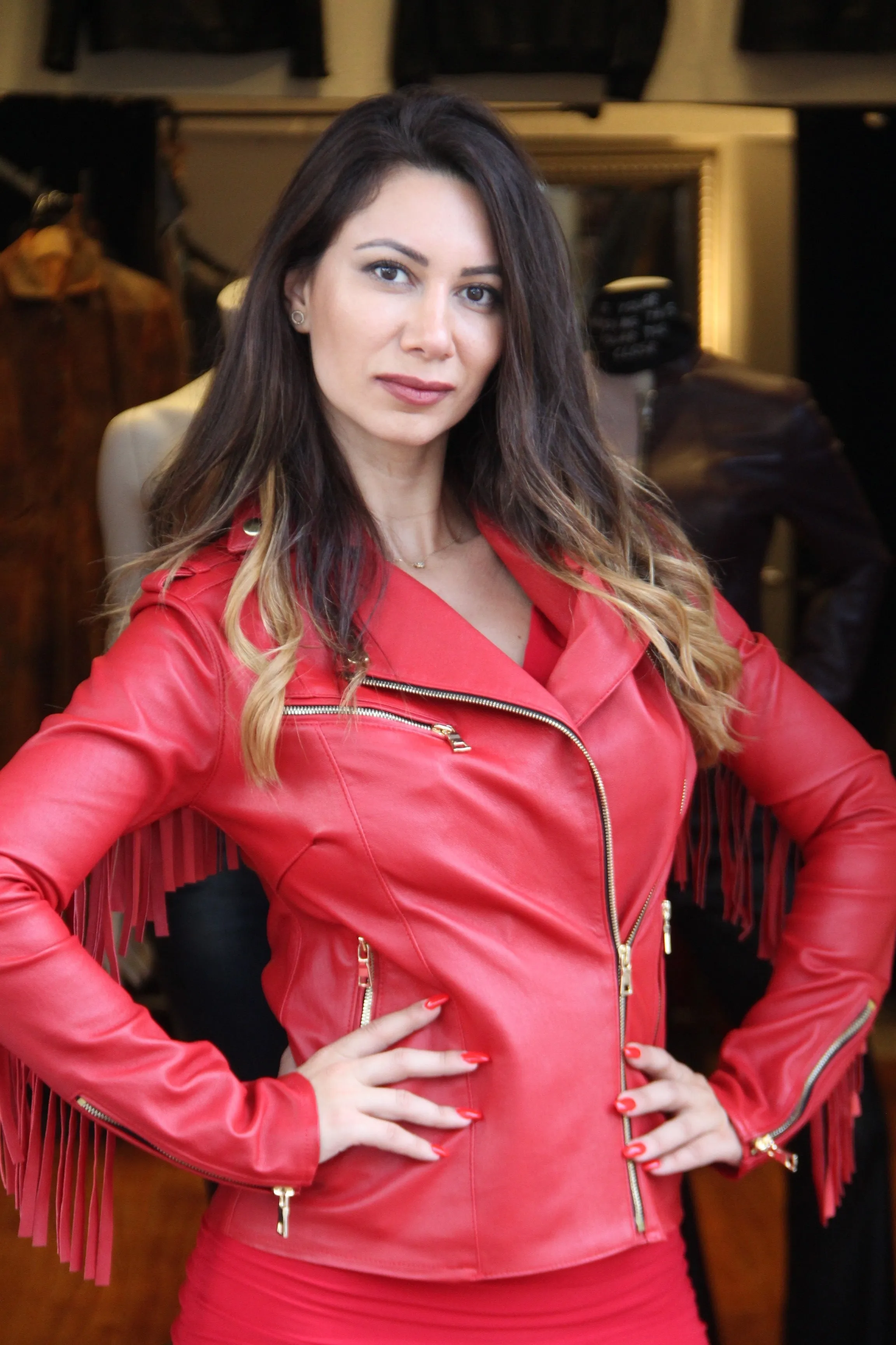 Red Nashville Stretch Leather Fringe Jacket