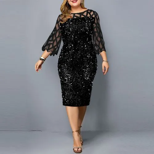 Regular Dress Simple Style Round Neck Beaded Lace 3/4 Length Sleeve Solid Color Knee-length Daily