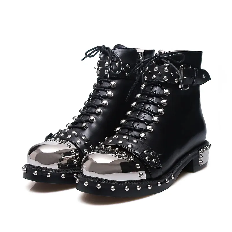 SALE of Genuine Leather Punk Rock Boots / Square Heels Ankle Boots - US