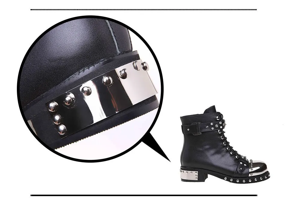 SALE of Genuine Leather Punk Rock Boots / Square Heels Ankle Boots - US