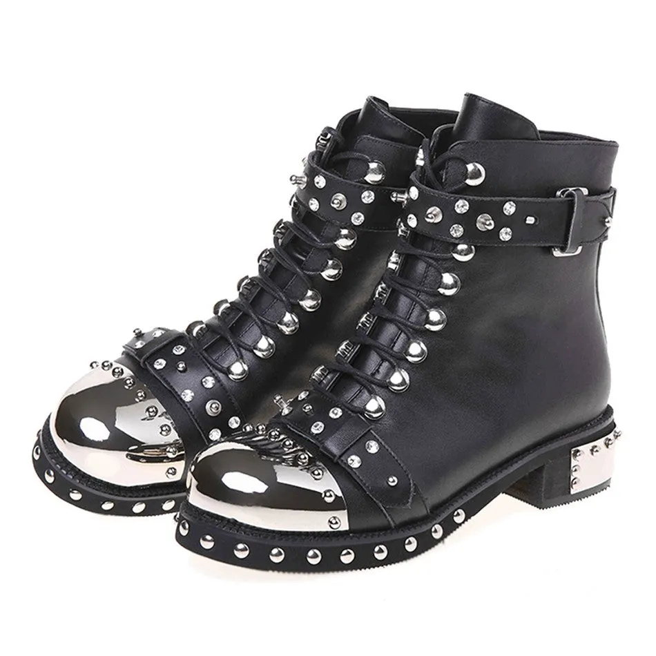 SALE of Genuine Leather Punk Rock Boots / Square Heels Ankle Boots - US