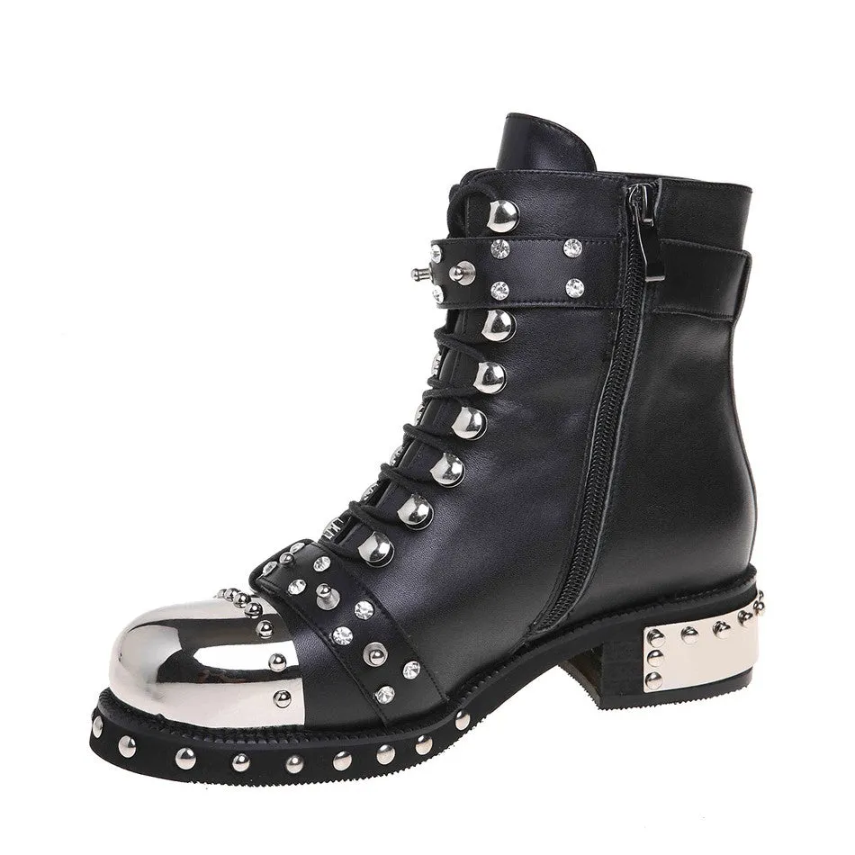 SALE of Genuine Leather Punk Rock Boots / Square Heels Ankle Boots - US