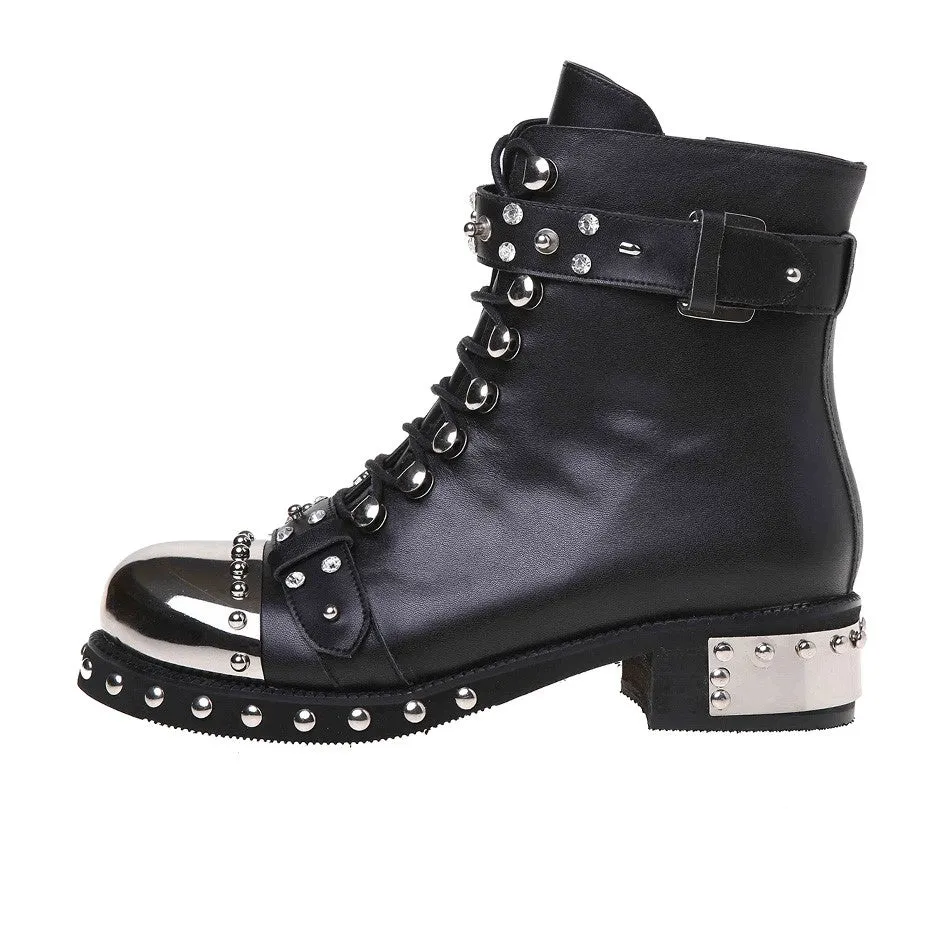 SALE of Genuine Leather Punk Rock Boots / Square Heels Ankle Boots - US