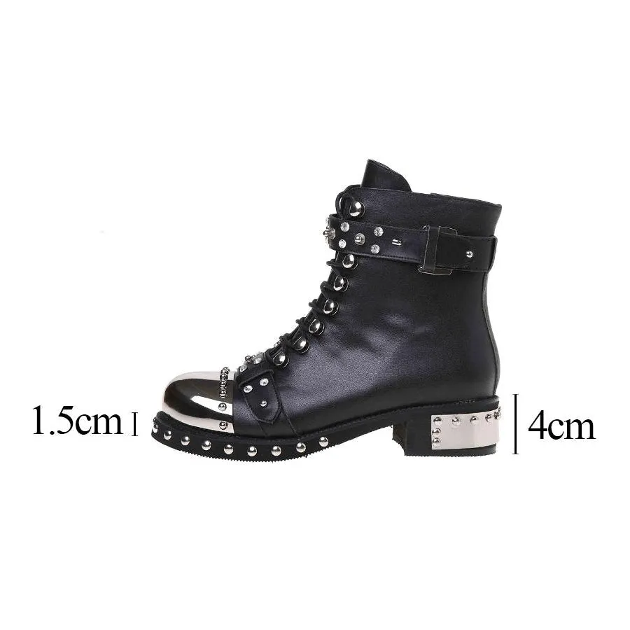 SALE of Genuine Leather Punk Rock Boots / Square Heels Ankle Boots - US