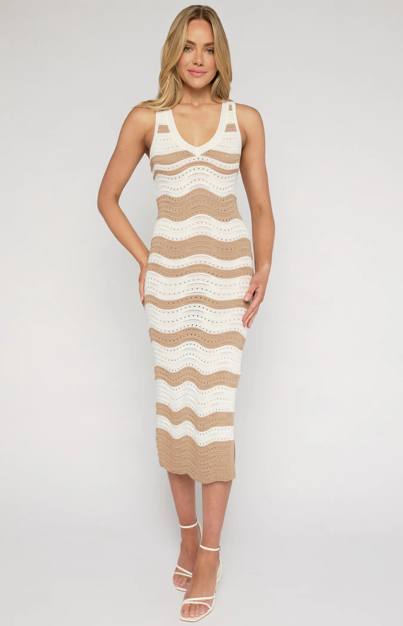 Scallop Textured Contrast Stripe Knit Midi Dress (WKN631)