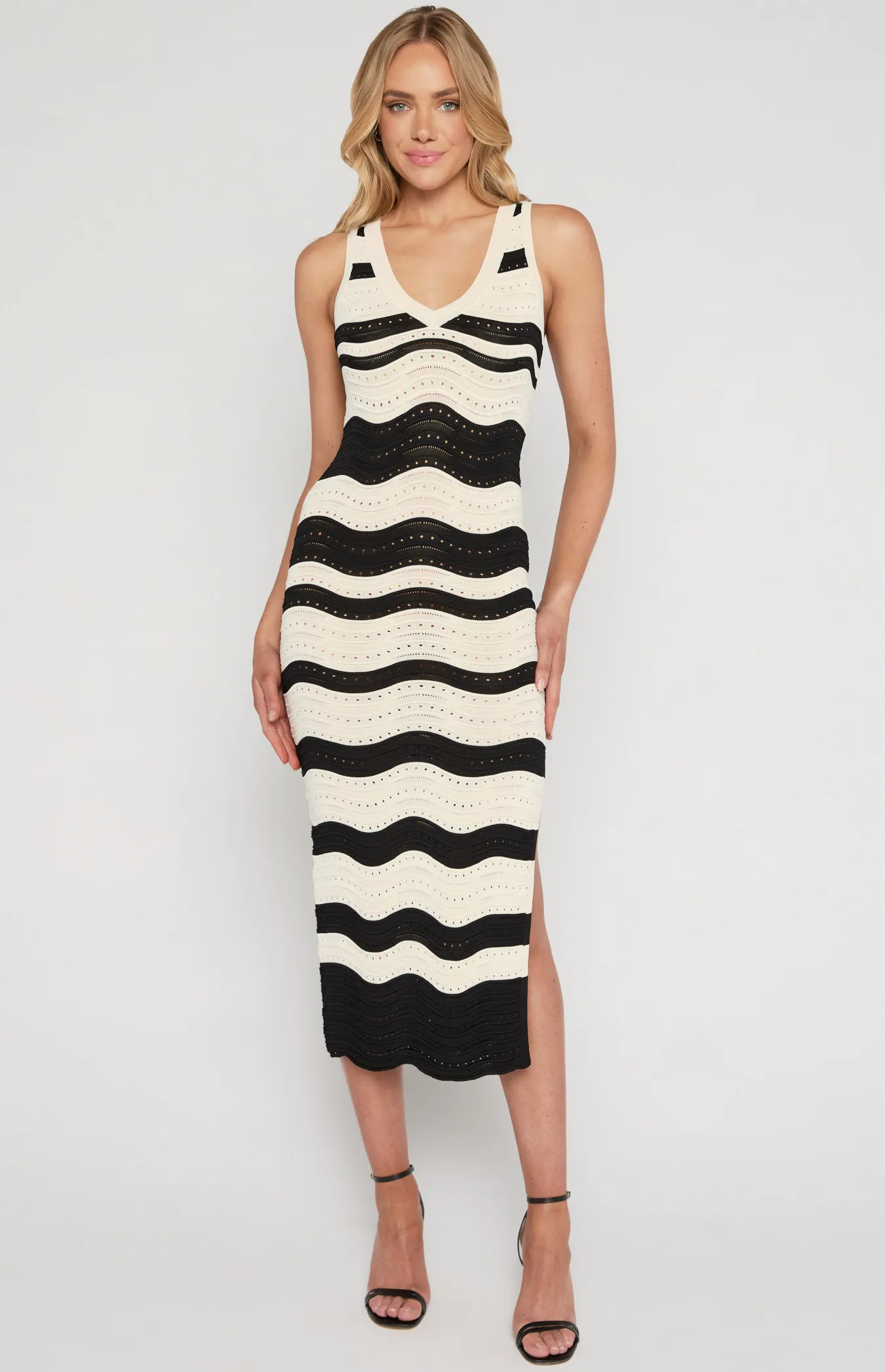 Scallop Textured Contrast Stripe Knit Midi Dress (WKN631)