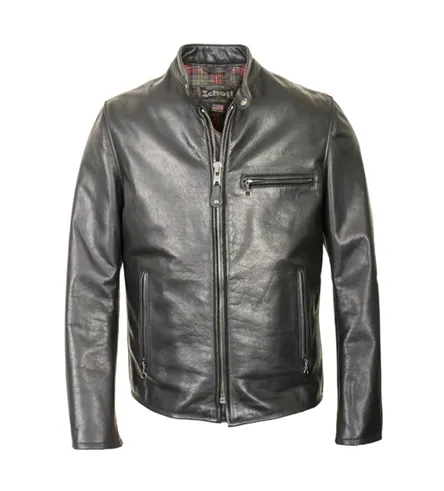 SCHOTT NYC Black Café Leather Jacket - Waxed Natural Pebbled Cowhide - Black