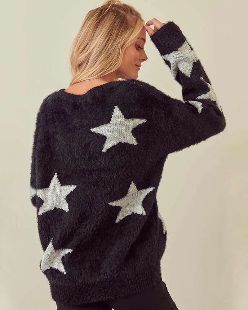 Starry Night Star Patterned Fuzzy Sweater in Black