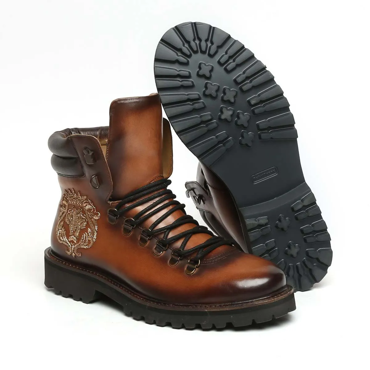 Tan Biker Lion Zardosi Boot With Chunky Sole