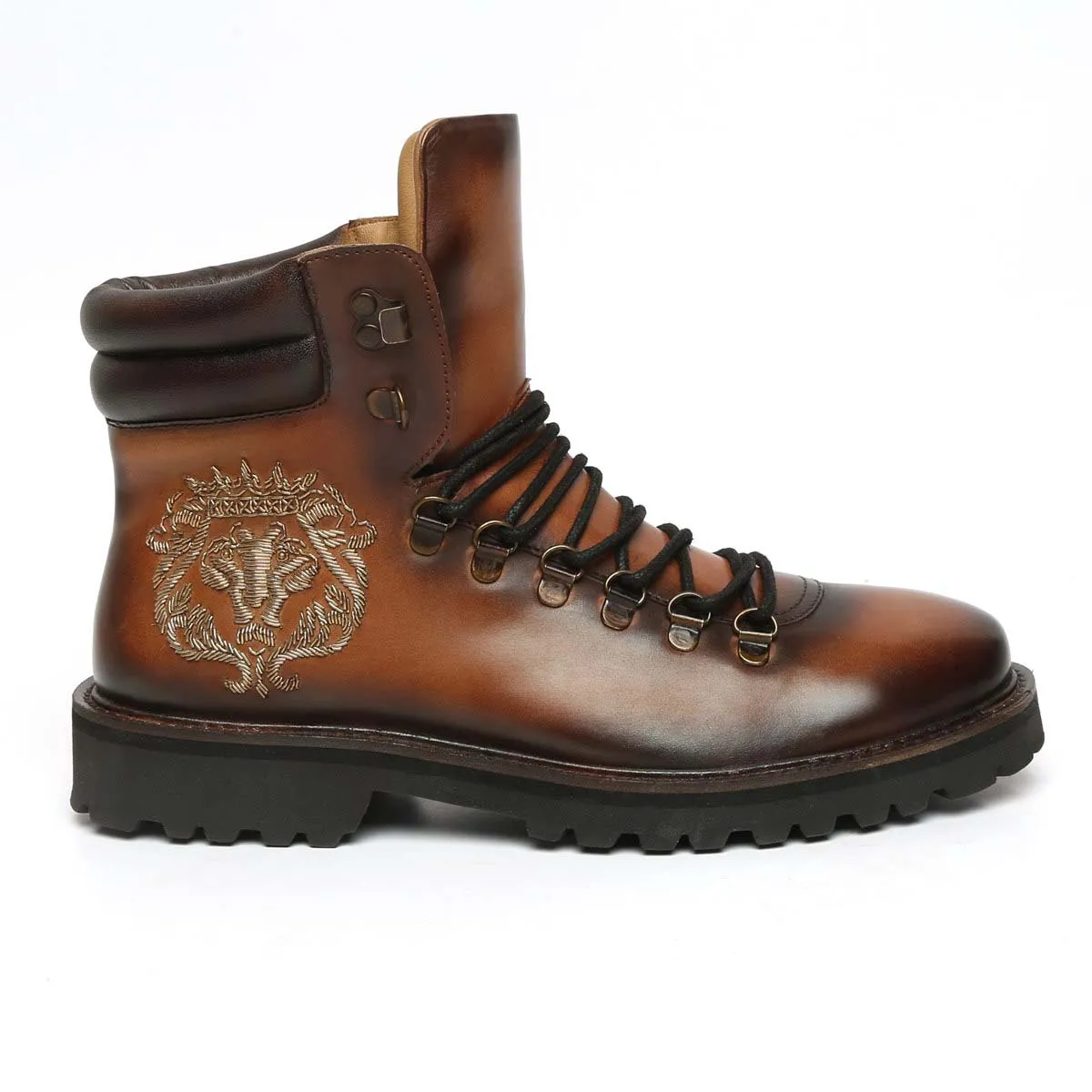 Tan Biker Lion Zardosi Boot With Chunky Sole