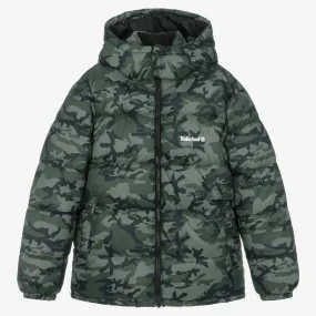 Teen Boys Green Camouflage Puffer Coat