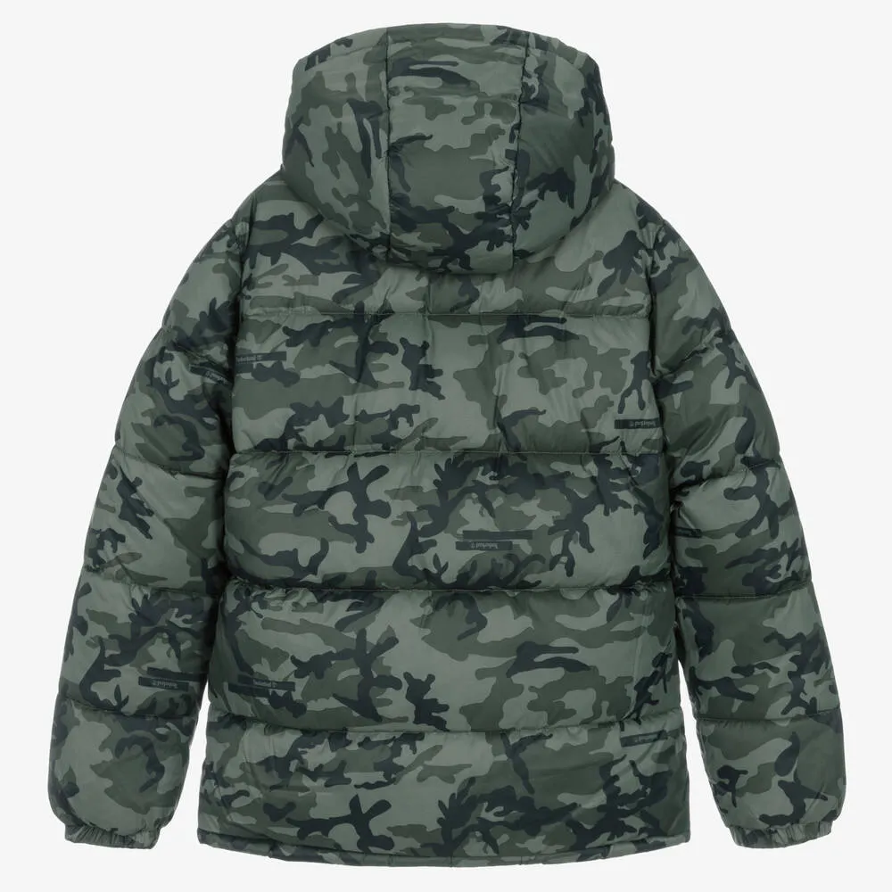 Teen Boys Green Camouflage Puffer Coat