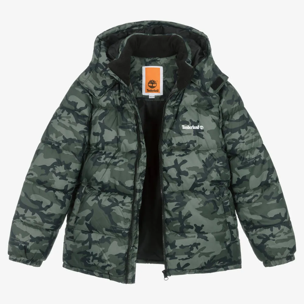 Teen Boys Green Camouflage Puffer Coat