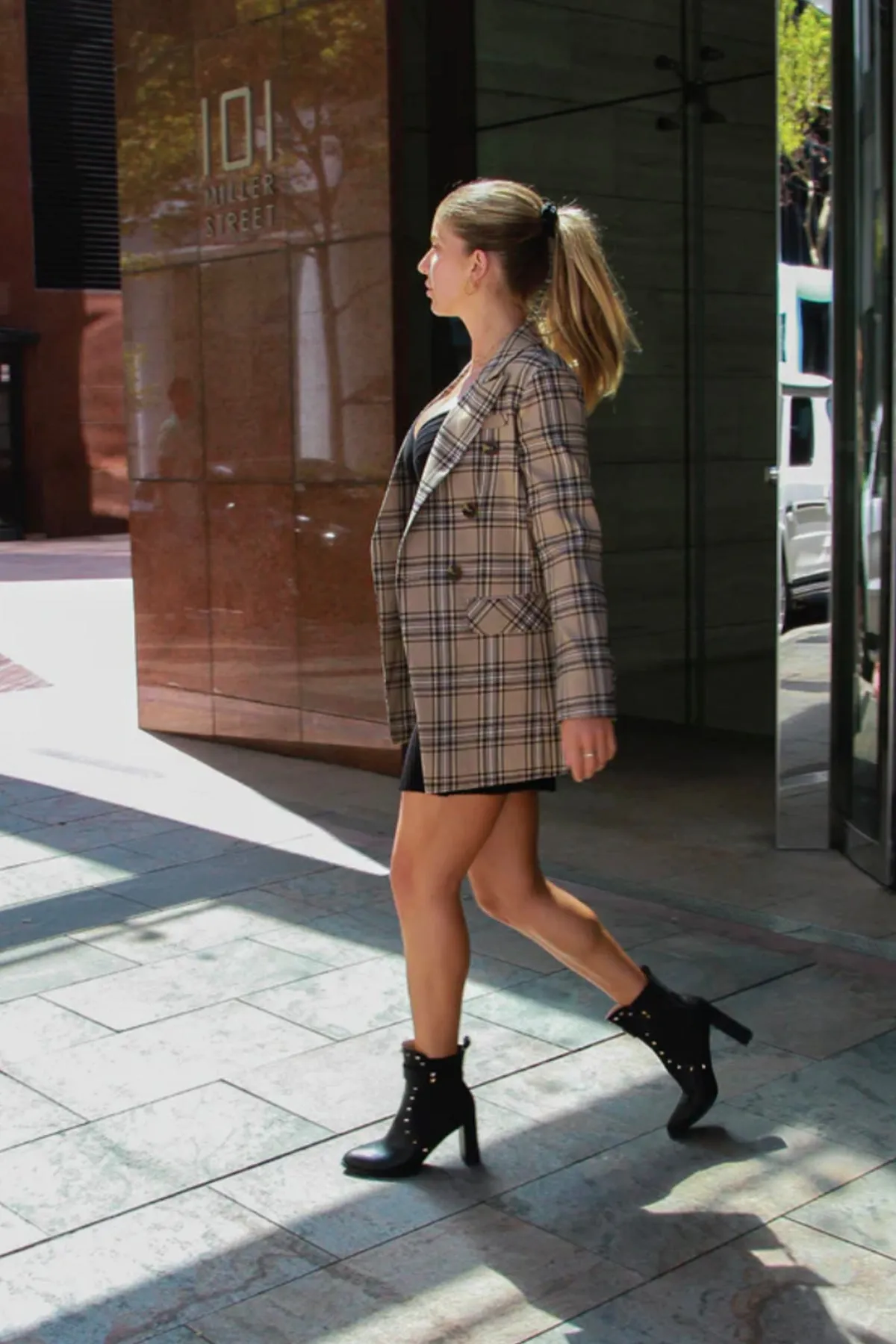 Too Cool For Work Plaid Blazer Camel