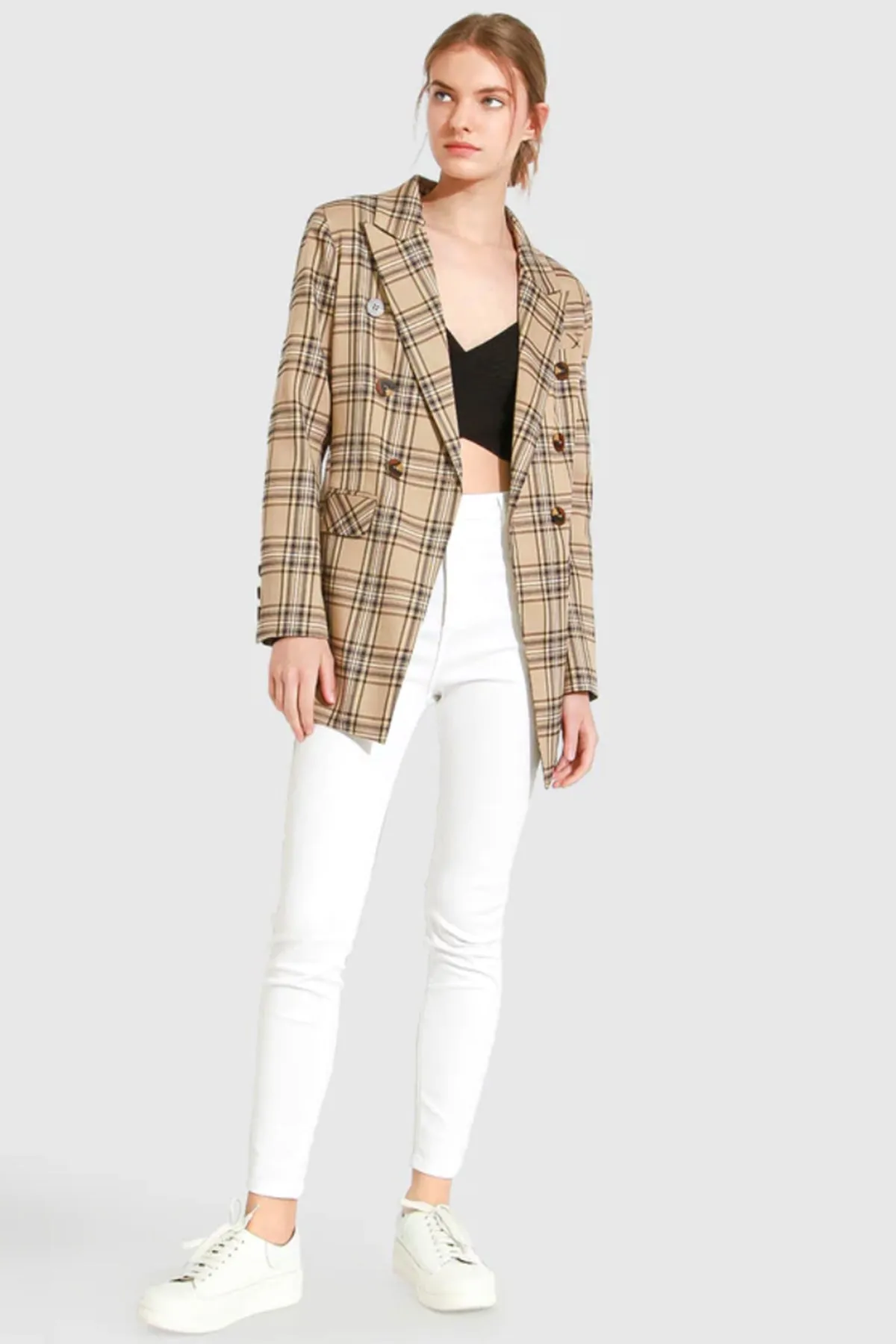 Too Cool For Work Plaid Blazer Camel