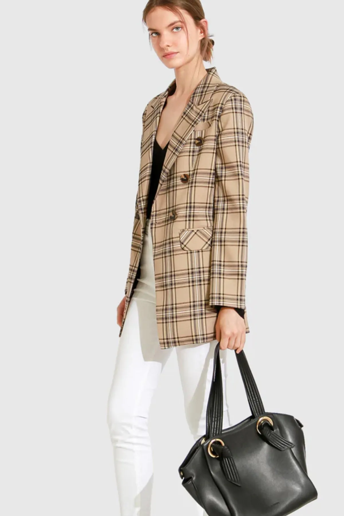 Too Cool For Work Plaid Blazer Camel