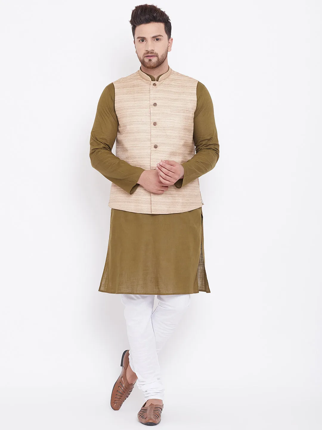 VASTRAMAY Men's Beige, Mehendi Green And White Cotton Blend Jacket, Kurta and Pyjama Set