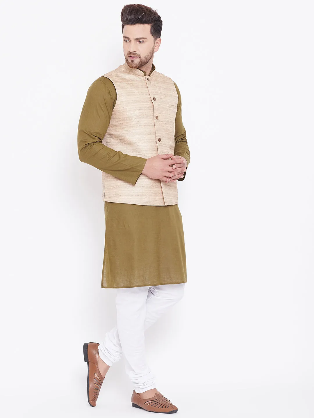 VASTRAMAY Men's Beige, Mehendi Green And White Cotton Blend Jacket, Kurta and Pyjama Set