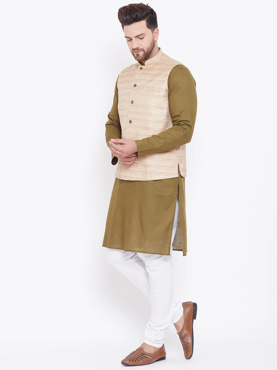 VASTRAMAY Men's Beige, Mehendi Green And White Cotton Blend Jacket, Kurta and Pyjama Set