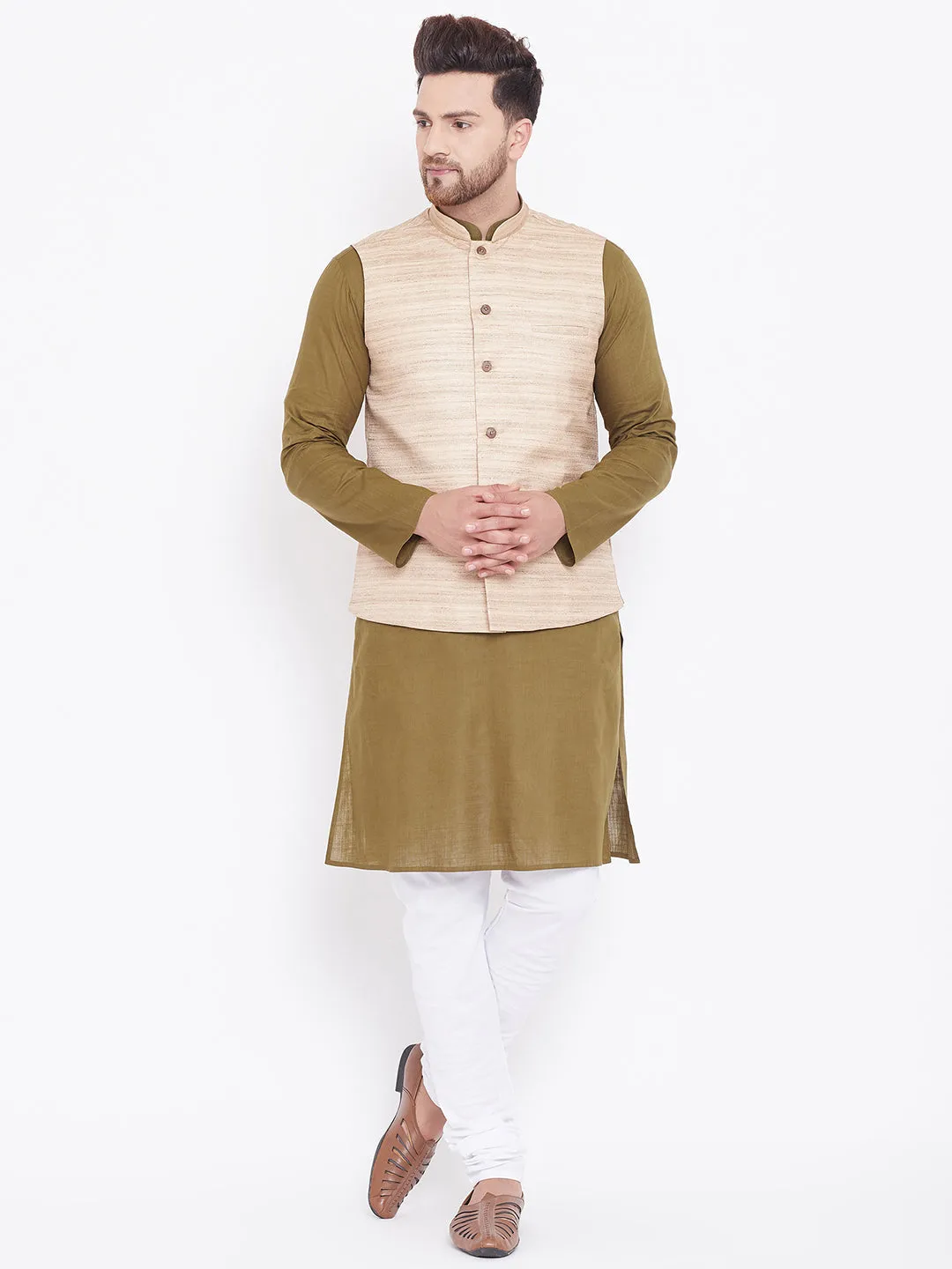 VASTRAMAY Men's Beige, Mehendi Green And White Cotton Blend Jacket, Kurta and Pyjama Set