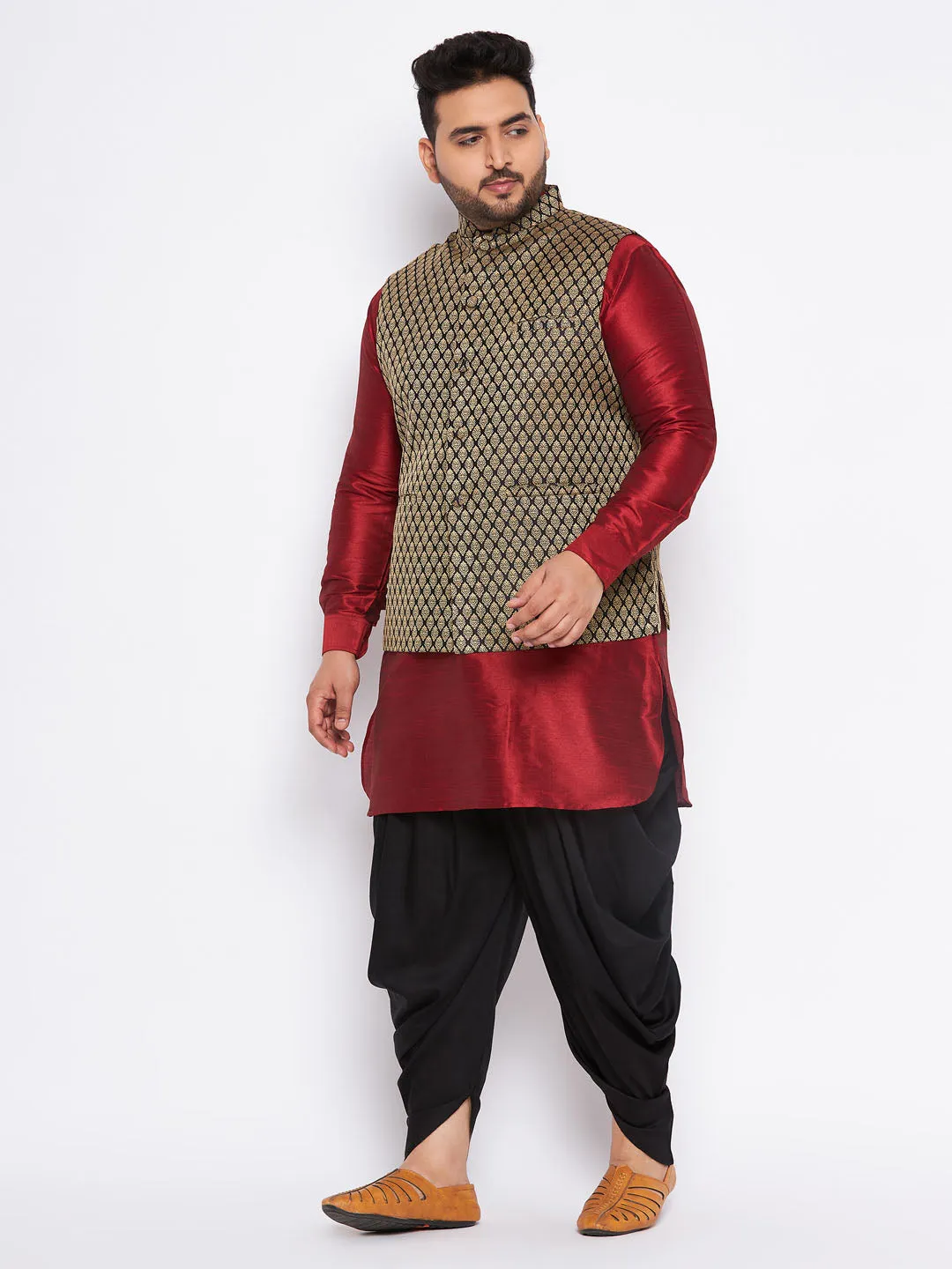 VASTRAMAY Men's Plus Size Black Ethnic Jacket With Maroon Silk Blend Kurta and black dhoti Set