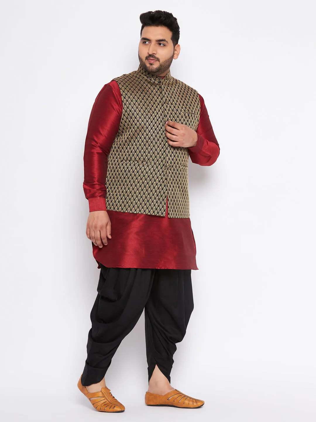 VASTRAMAY Men's Plus Size Black Ethnic Jacket With Maroon Silk Blend Kurta and black dhoti Set