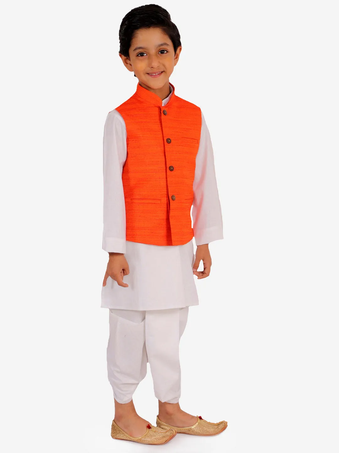 Vastramay Orange And White Matka Silk Jacket, Kurta and Dhoti Set