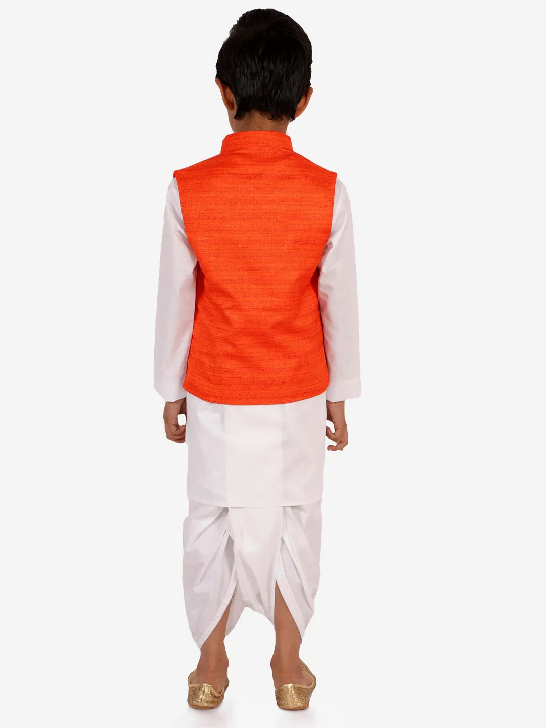 Vastramay Orange And White Matka Silk Jacket, Kurta and Dhoti Set