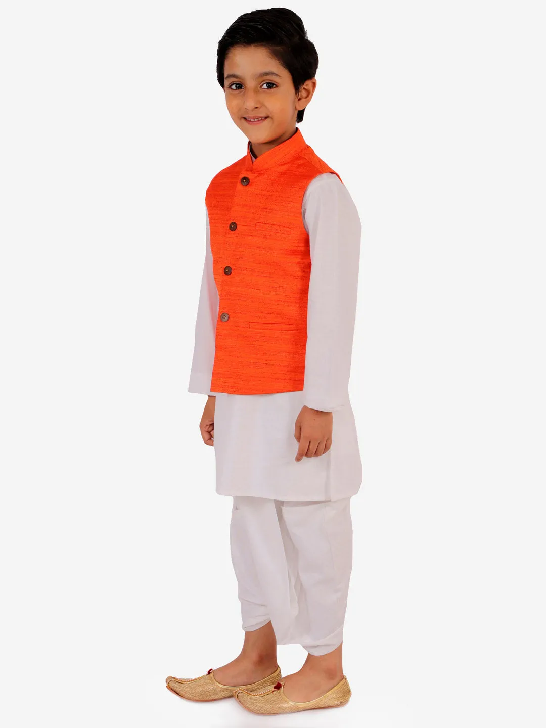 Vastramay Orange And White Matka Silk Jacket, Kurta and Dhoti Set