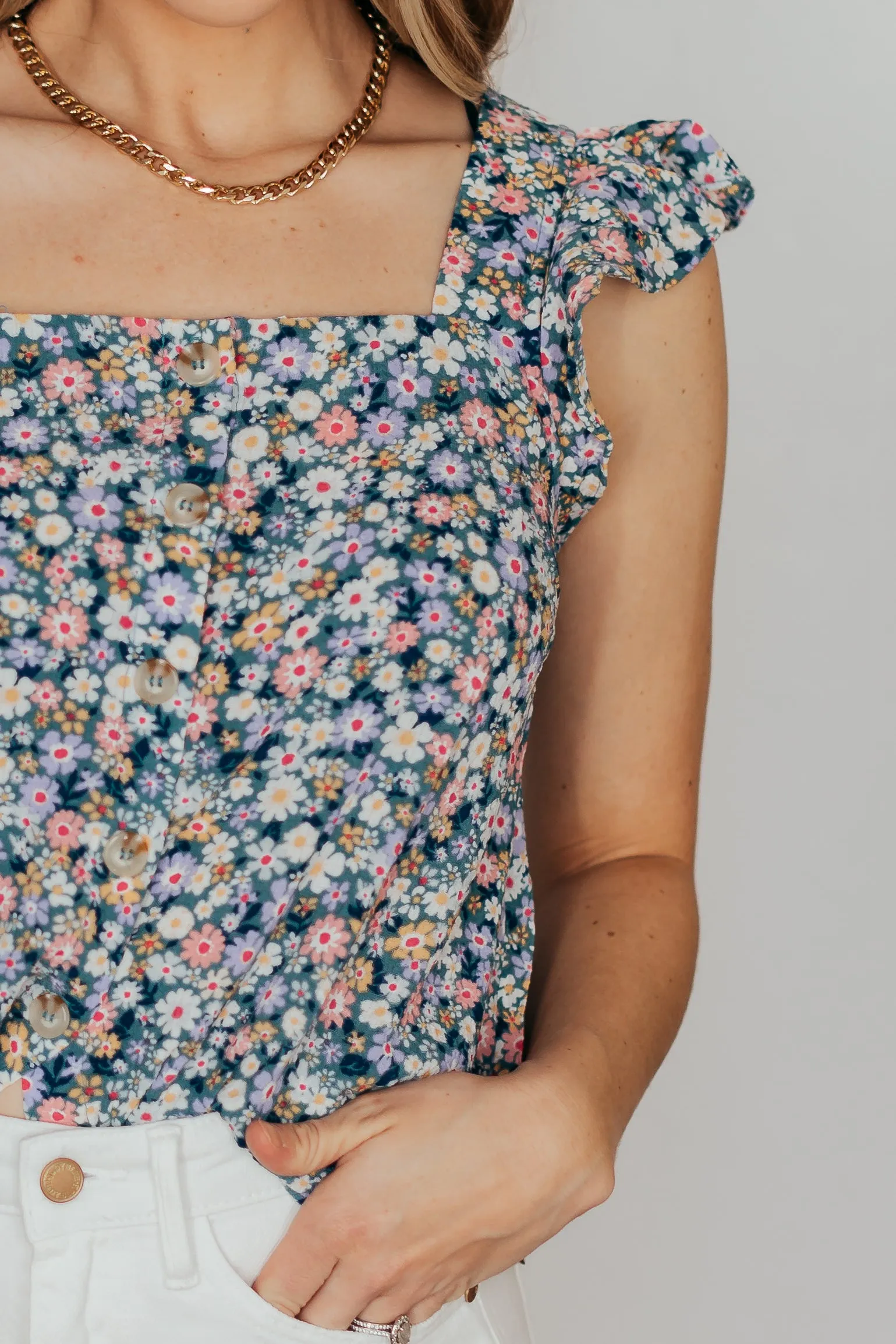 Wild Flower Floral Button Top