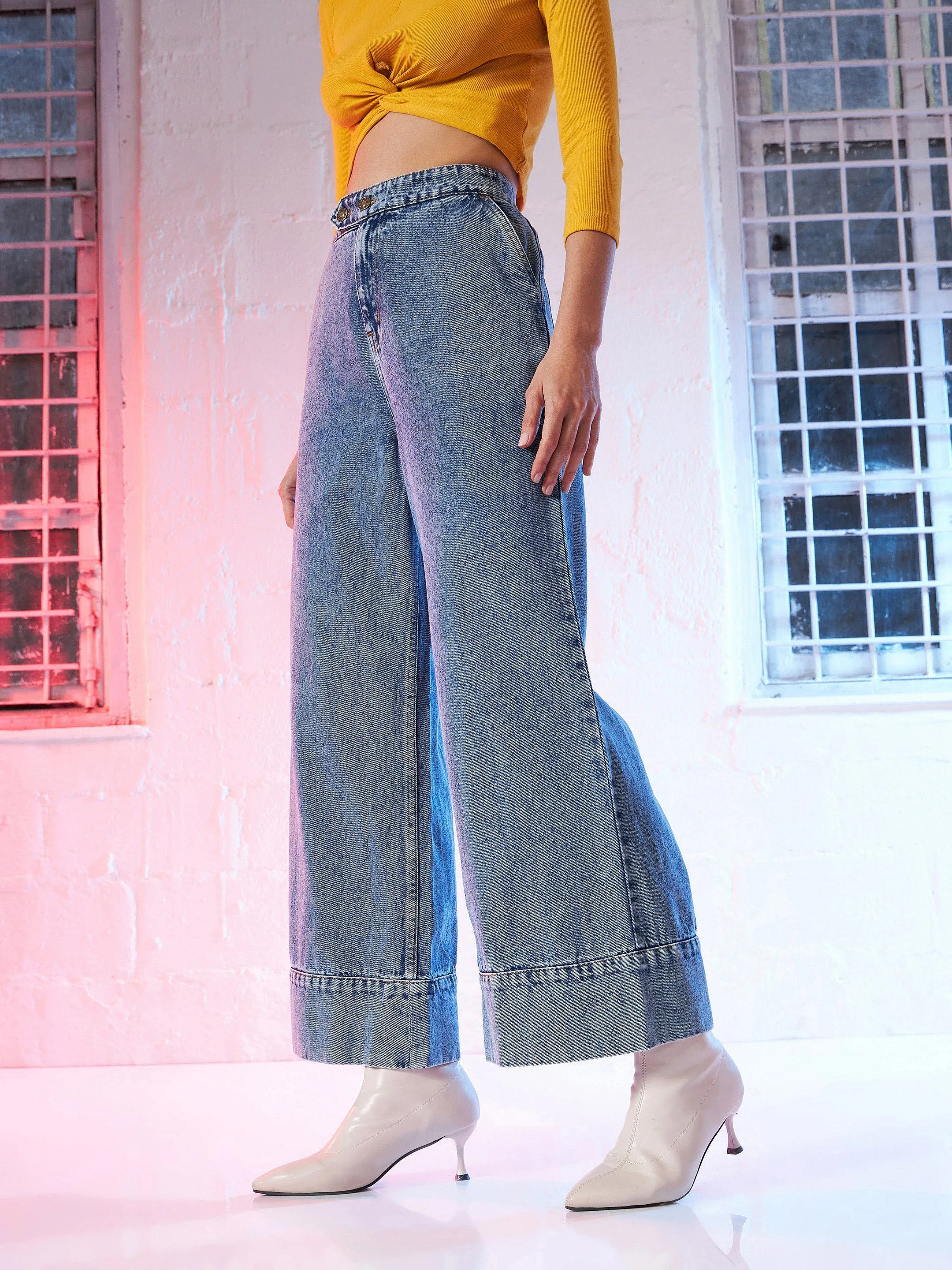 Women Basic Blue Wide Leg Extended Bottom Jeans