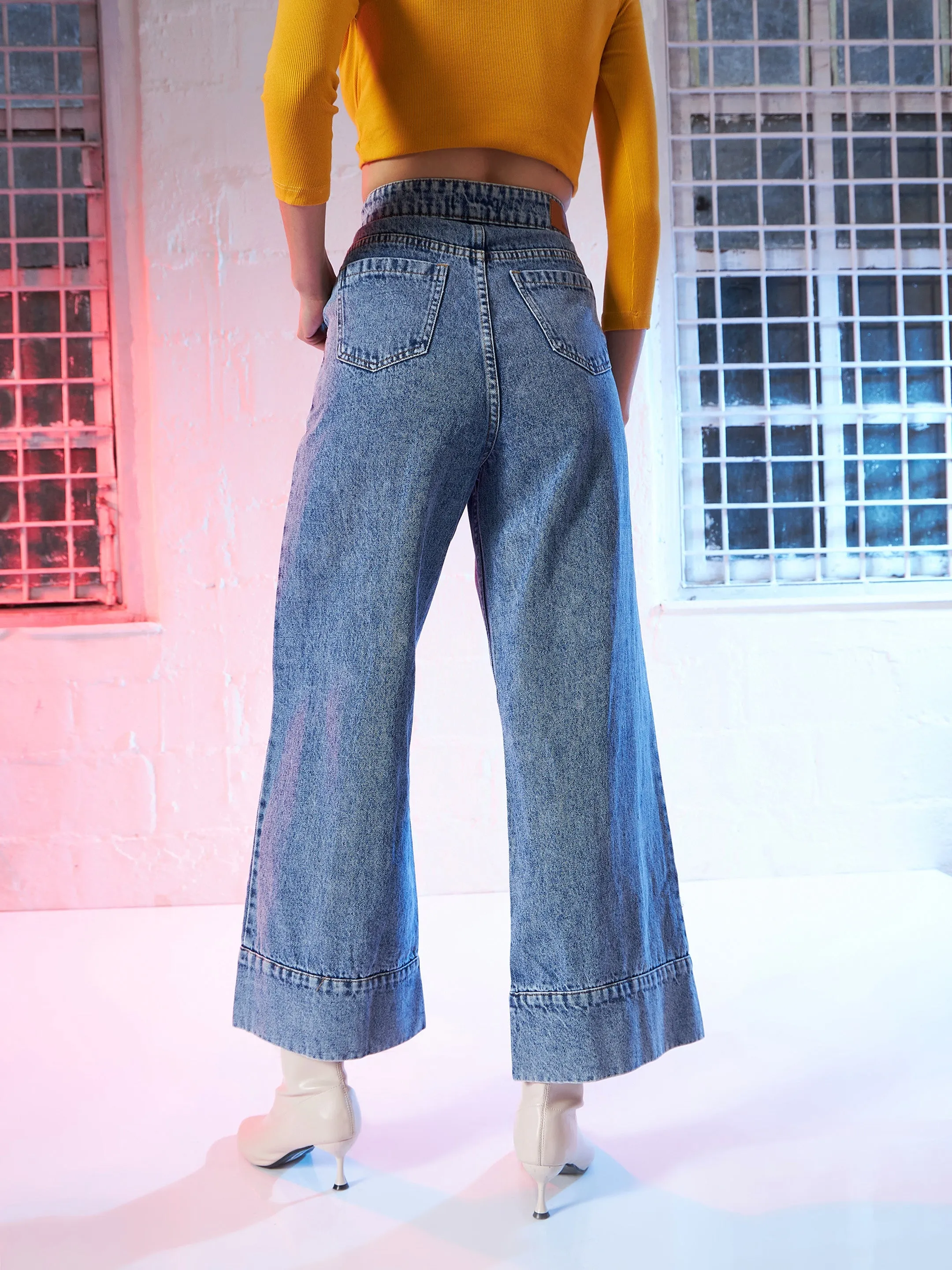 Women Basic Blue Wide Leg Extended Bottom Jeans