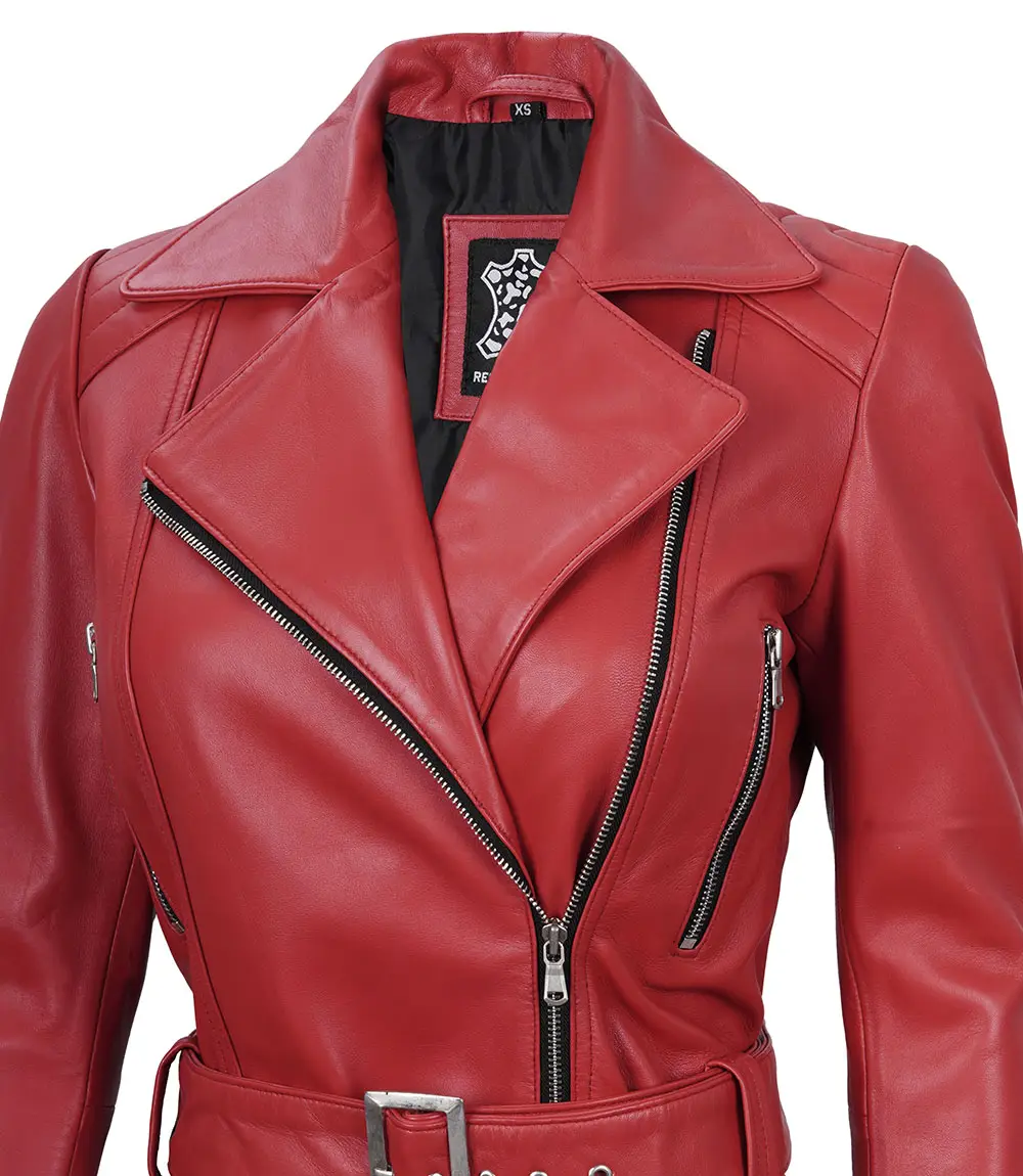 Women's Asymmetrical Red Belted Leather Jacket