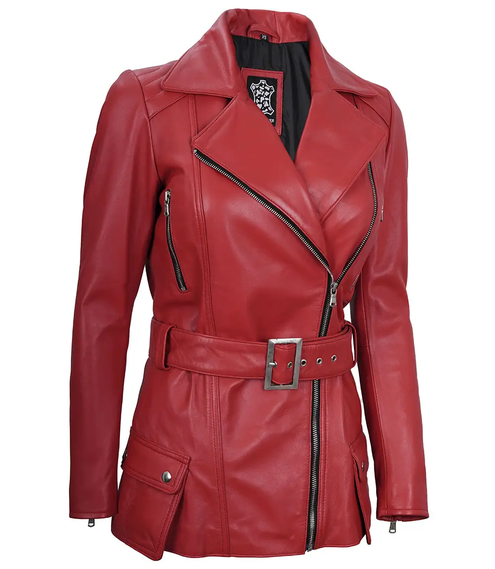 Women's Asymmetrical Red Belted Leather Jacket