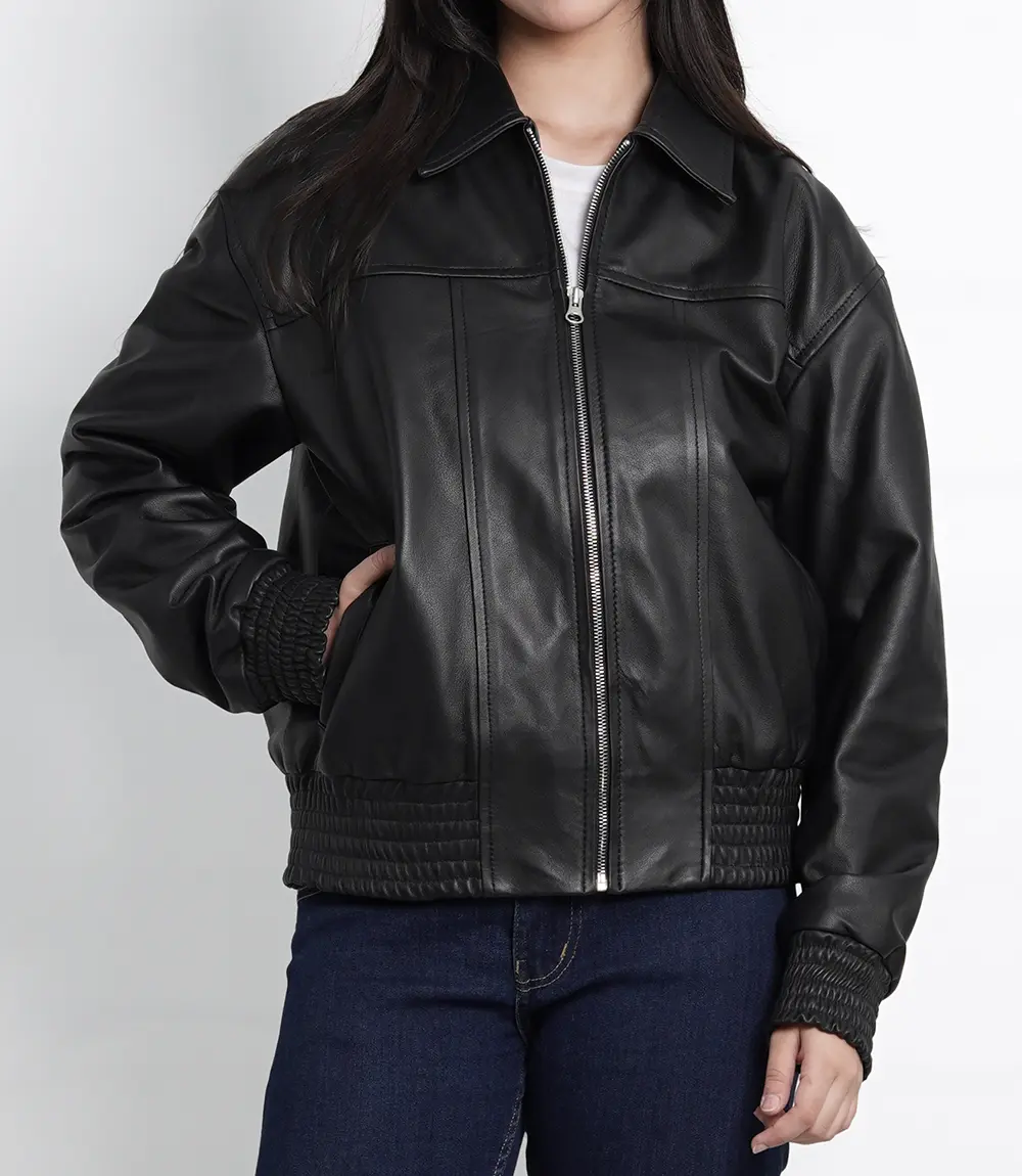 Women's Black Oversized Leather Bomber Jacket