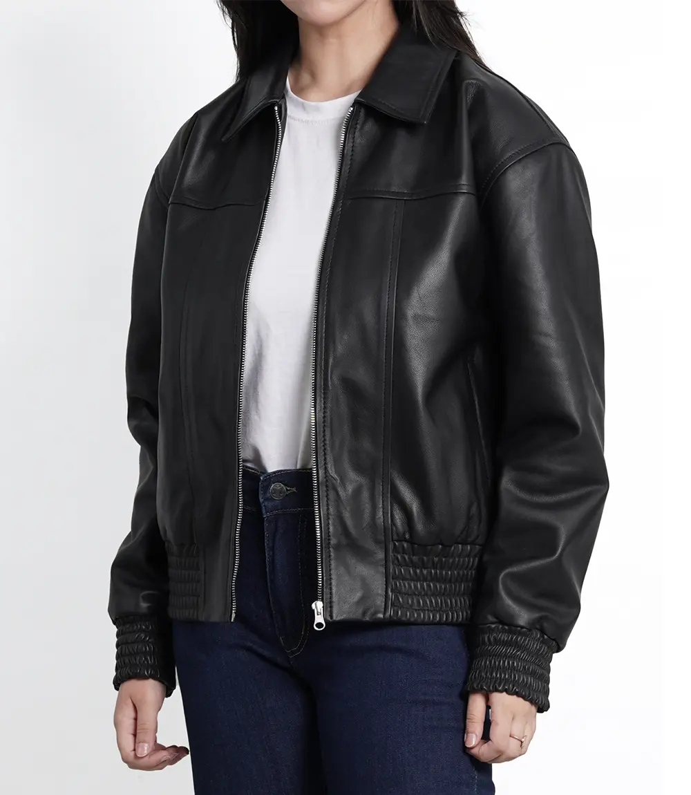 Women's Black Oversized Leather Bomber Jacket