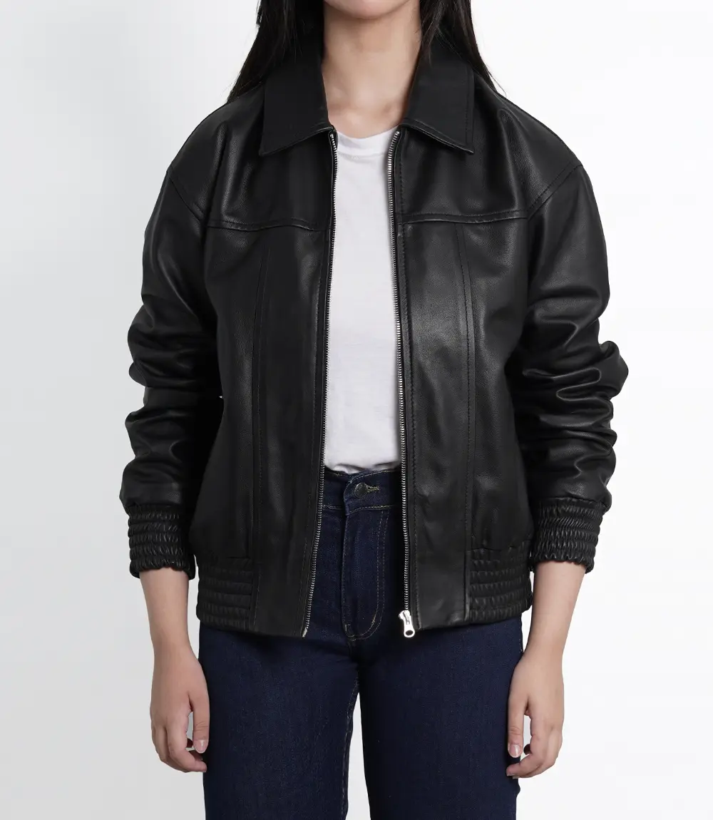 Women's Black Oversized Leather Bomber Jacket